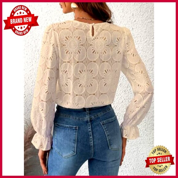 Eyelet Lace Embroidered Blouse Boho Chic Long Sleeve Loose Fit Dressy Top - Picture 2 of 7